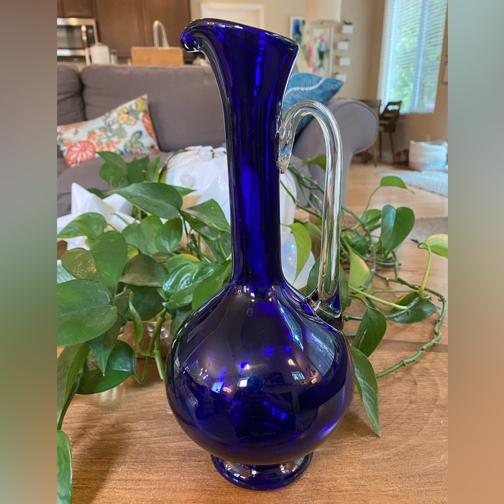 Wanda Glass Handblown Cobalt Blue Ewer Style Pitcher Clear Handle Made In Poland